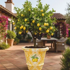 Casa Padrino Luxus Blumentopf Gelb / Weiß / Bunt Ø 80 x H. 63 cm - Runder Keramik Pflanzentopf - Hotel & Garten Deko