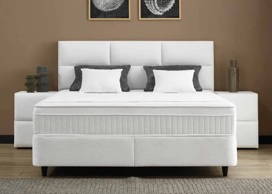 Casa Padrino Luxus Boxspringbett mit Kopfteil in Feldoptik Weiß 160 x 200 cm - Luxus Schlafzimmer Möbel
