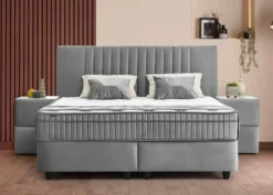 Casa Padrino Luxus Boxspringbett mit Kopfteil in Streifenoptik Grau 160 x 200 cm - Luxus Schlafzimmer Möbel