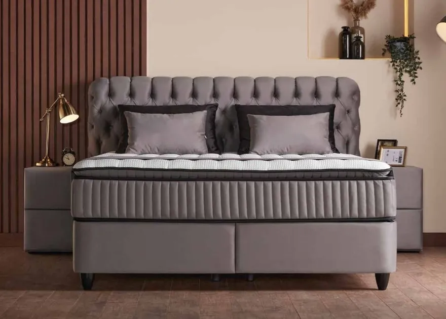 Casa Padrino Luxus Boxspringbett mit Chesterfield Kopfteil Grau 180 x 200 cm - Luxus Schlafzimmer Möbel
