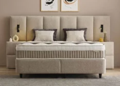 Casa Padrino Luxus Boxspringbett mit hohem Wandkopfteil und Leseleuchten Taupe 160 x 200 cm - Luxus Schlafzimmer Möbel