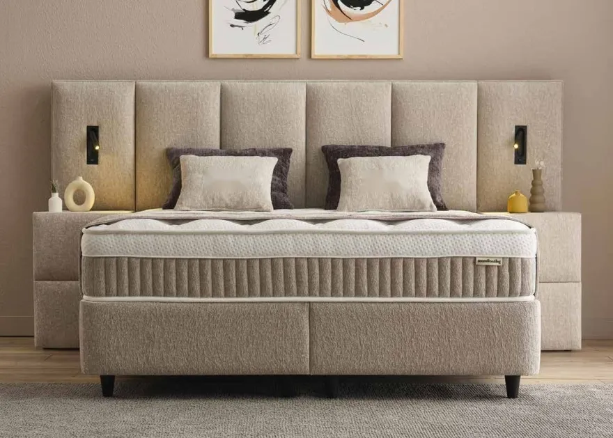 Casa Padrino Luxus Boxspringbett mit hohem Wandkopfteil und Leseleuchten Taupe 160 x 200 cm - Luxus Schlafzimmer Möbel