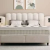 Casa Padrino Luxus Boxspringbett mit gewelltem Kopfteil und Leseleuchten Creme 180 x 200 cm - Luxus Schlafzimmer Möbel