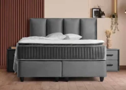Casa Padrino Luxus Boxspringbett mit Kopfteil in Paneeloptik Grau 180 x 200 cm - Luxus Schlafzimmer Möbel