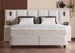 Casa Padrino Luxus Boxspringbett mit Wandkopfteil und Leseleuchten Creme 180 x 200 cm - Luxus Schlafzimmer Möbel