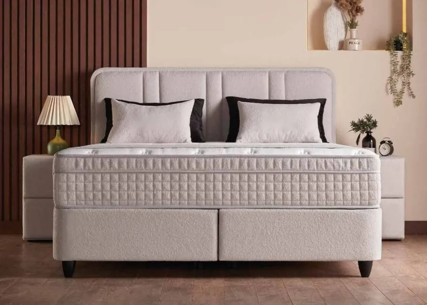 Casa Padrino Luxus Boxspringbett mit gerahmtem Kopfteil Creme 160 x 200 cm - Luxus Schlafzimmer Möbel