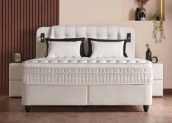 Casa Padrino Luxus Boxspringbett mit gestepptem Kopfteil und Leseleuchten Creme 180 x 200 cm - Luxus Schlafzimmer Möbel