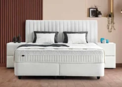 Casa Padrino Luxus Boxspringbett mit Kopfteil in Streifenoptik Weiß 140 x 200 cm - Luxus Schlafzimmer Möbel
