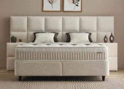 Casa Padrino Luxus Boxspringbett mit Wandkopfteil in Feldoptik Beige 180 x 200 cm - Luxus Schlafzimmer Möbel