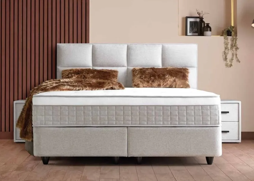 Casa Padrino Luxus Boxspringbett mit Kopfteil in Feldoptik Creme 90 x 200 cm - Luxus Schlafzimmer Möbel