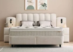 Casa Padrino Luxus Boxspringbett mit gewelltem Kopfteil und Leseleuchten Creme 160 x 200 cm - Luxus Schlafzimmer Möbel