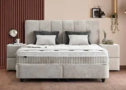 Casa Padrino Luxus Boxspringbett mit Kopfteil in Paneeloptik Beige 90 x 200 cm - Luxus Schlafzimmer Möbel