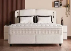 Casa Padrino Luxus Boxspringbett mit zweiteiligem Kopfteil und Leseleuchten Creme 140 x 200 cm - Luxus Schlafzimmer Möbel