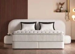 Casa Padrino Luxus Boxspringbett mit gerundetem Kopfteil Creme 160 x 200 cm - Luxus Schlafzimmer Möbel