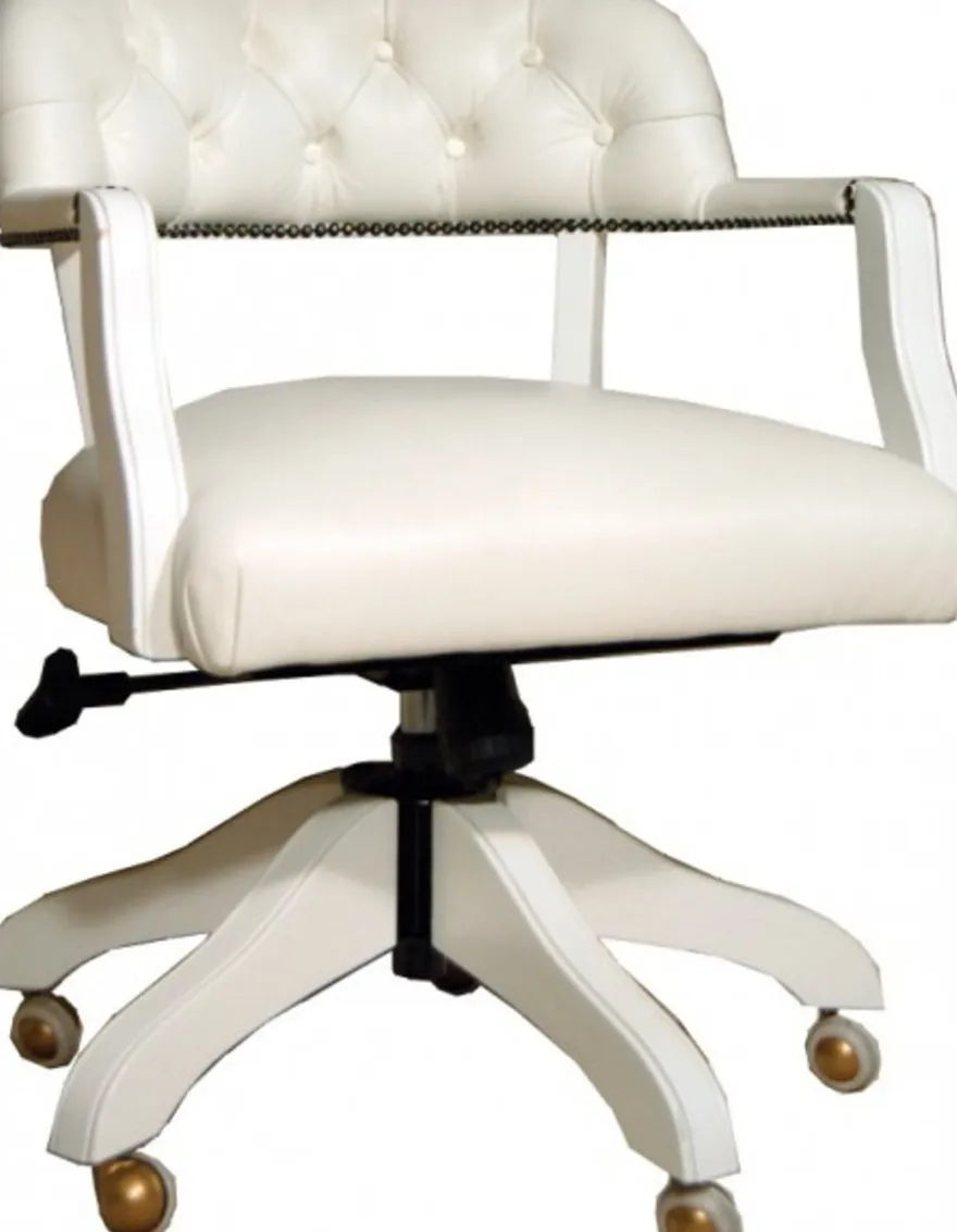 Casa Padrino Luxus Büro Drehstuhl aus Echtleder in Weiß, Chefsessel mit Rollen, 58 x 65 x 80-87 cm