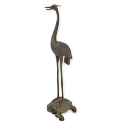 Casa Padrino Luxus Bronze Brunnen Reiher auf Schildkröte Bronze / Grün 60 x 45 x H. 175 cm - Gartenbrunnen - Wasserspiel - Gartendeko