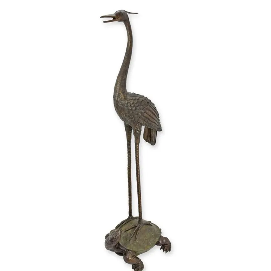 Casa Padrino Luxus Bronze Brunnen Reiher auf Schildkröte Bronze / Grün 60 x 45 x H. 175 cm - Gartenbrunnen - Wasserspiel - Gartendeko
