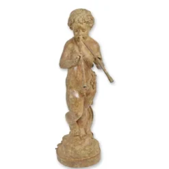 Casa Padrino Luxus Bronze Brunnen Knabe mit Doppelflöte Bronze / Ocker / Grün 30 x 50 x H. 102 cm - Gartenbrunnen - Wasserspiel - Garten Deko