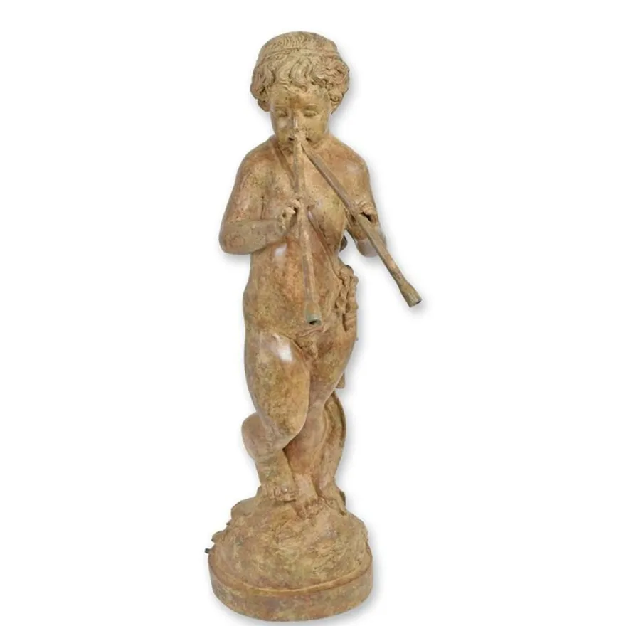 Casa Padrino Luxus Bronze Brunnen Knabe mit Doppelflöte Bronze / Ocker / Grün 30 x 50 x H. 102 cm - Gartenbrunnen - Wasserspiel - Garten Deko