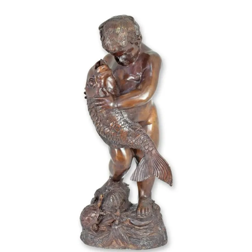 Casa Padrino Luxus Bronze Brunnen Knabe mit Fisch Bronze / Braun 38 x 28 x H. 74 cm - Gartenbrunnen - Wasserspiel - Garten Deko