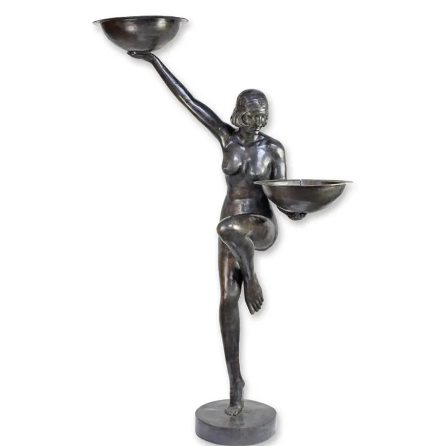 Casa Padrino Luxus Bronze Brunnen Art Deco Tänzerin mit Zwei Schalen Bronze / Schwarz 150 x 63 x H. 222 cm - Riesiger Gartenbrunnen - Wasserspiel - Garten Deko