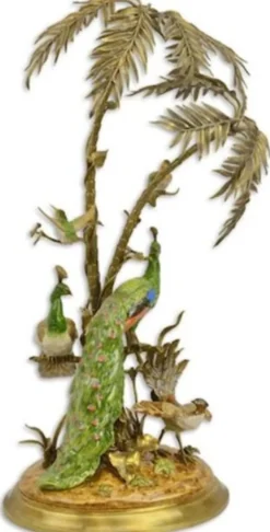 Casa Padrino Luxus Bronze Deko Palme mit exotischen Porzellan Vögeln Mehrfarbig / Gold 42 x 39 x H. 79,5 cm - Wohnzimmer Deko - Deko Accessoires