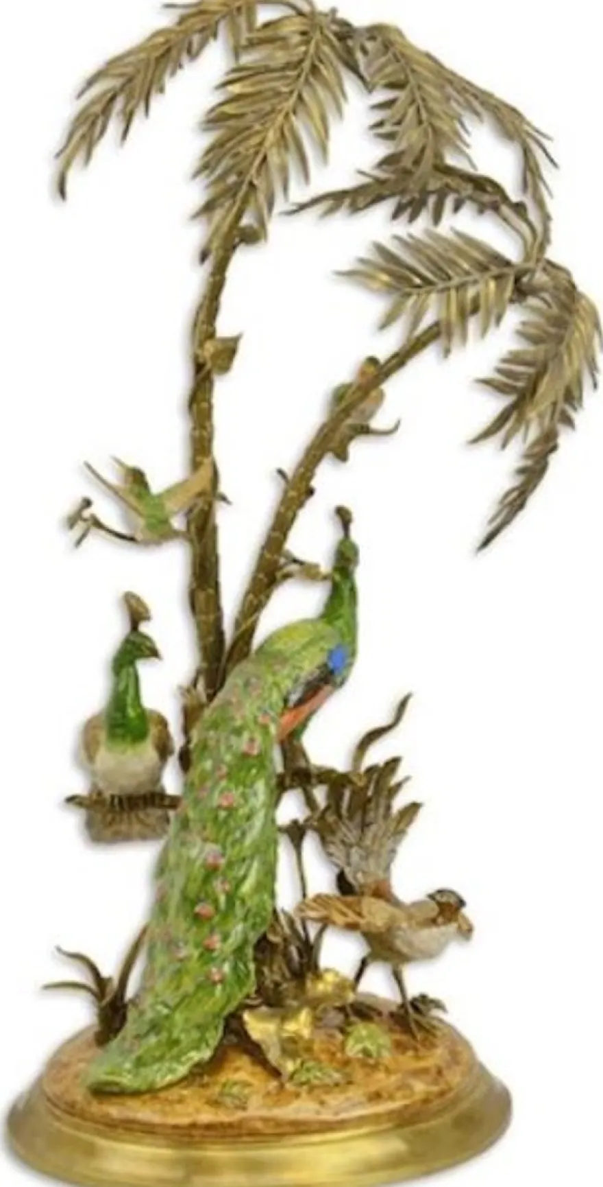 Casa Padrino Luxus Bronze Deko Palme mit exotischen Porzellan Vögeln Mehrfarbig / Gold 42 x 39 x H. 79,5 cm - Wohnzimmer Deko - Deko Accessoires