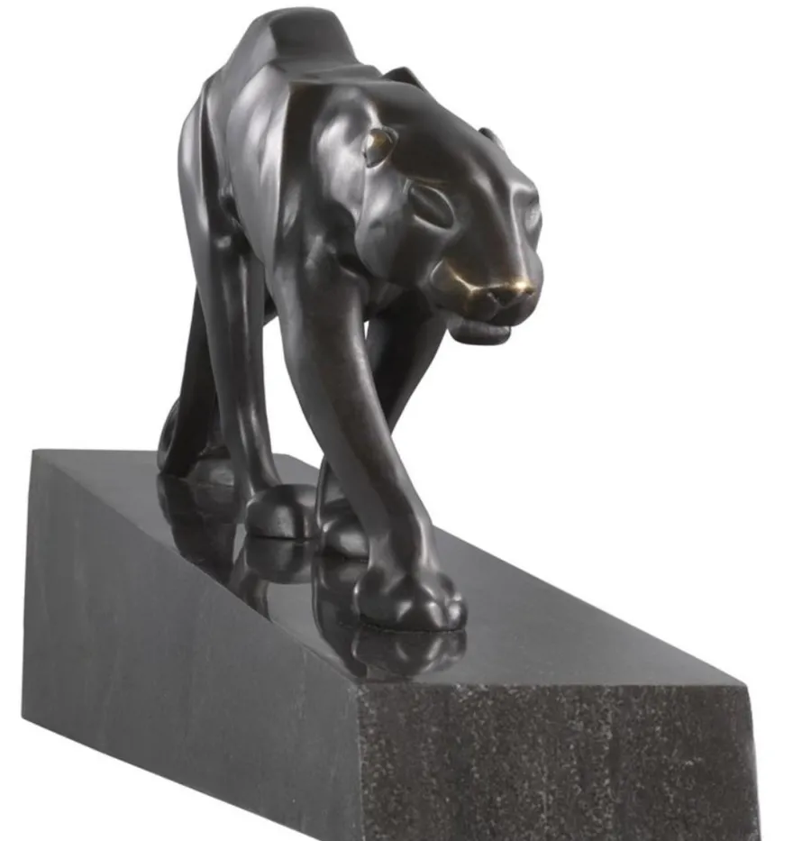 Casa Padrino Luxus Bronzefigur Panther Schwarz / Bronze 64 x 11 x H. 26,5 cm - Elegante Bronze Skulptur auf Marmorsockel