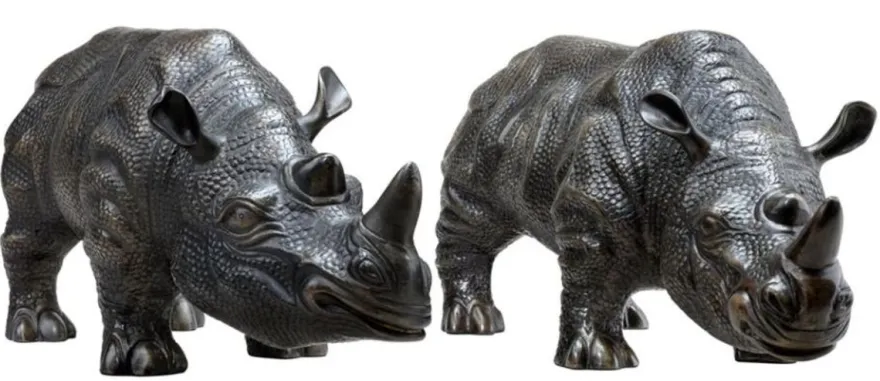 Casa Padrino Luxus Bronzefiguren 2er Set Nashörner 15 x 44,5 x H. 20 cm - Edel & Prunkvoll