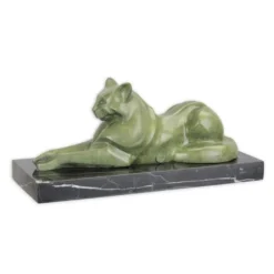 Casa Padrino Luxus Bronzefigur Liegende Raubkatze Grün / Schwarz 14,2 x 35,2 x H. 15,8 cm - Bronze Skulptur mit Marmorsockel - Panther Deko Figur - Tier Skulptur
