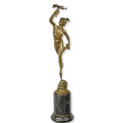 Casa Padrino Luxus Bronzefigur Merkur mit Flugzeug Bronze / Schwarz 15,1 x 24,5 x H. 71,8 cm - Bronze Skulptur mit Marmorsockel - Merkur Deko Figur - Luftfahrt Deko