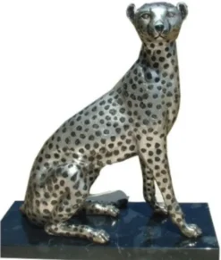 Casa Padrino Luxus Bronzefigur Silber / Schwarz 37 x 15 x H. 40 cm - Sitzender Gepard mit Marmorsockel