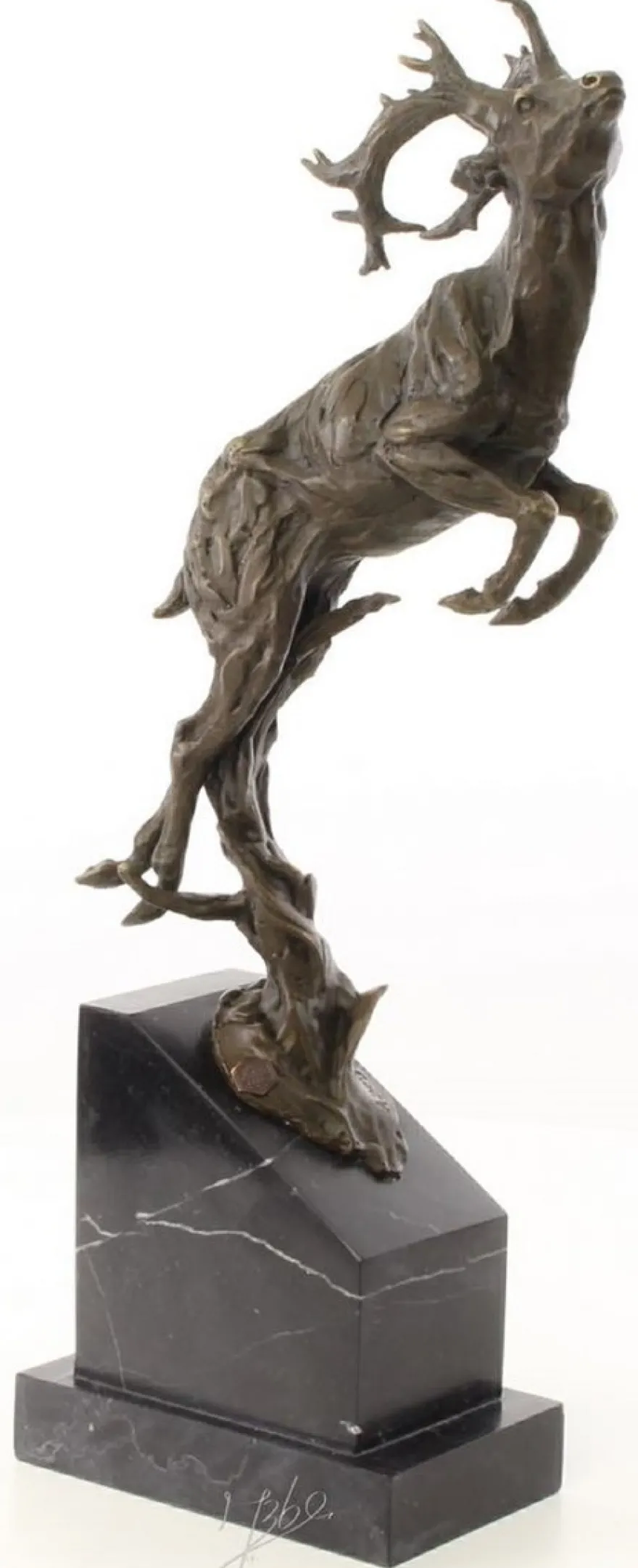 Casa Padrino Luxus Bronzefigur springender Hirsch Bronze / Schwarz 20,4 x 9,9 x H. 49,5 cm - Elegante Dekofigur mit Marmorsockel
