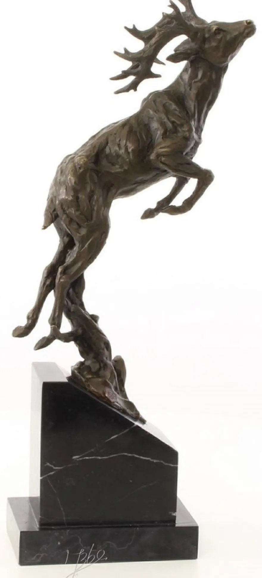 Casa Padrino Luxus Bronzefigur springender Hirsch Bronze / Schwarz 20,4 x 9,9 x H. 49,5 cm - Elegante Dekofigur mit Marmorsockel
