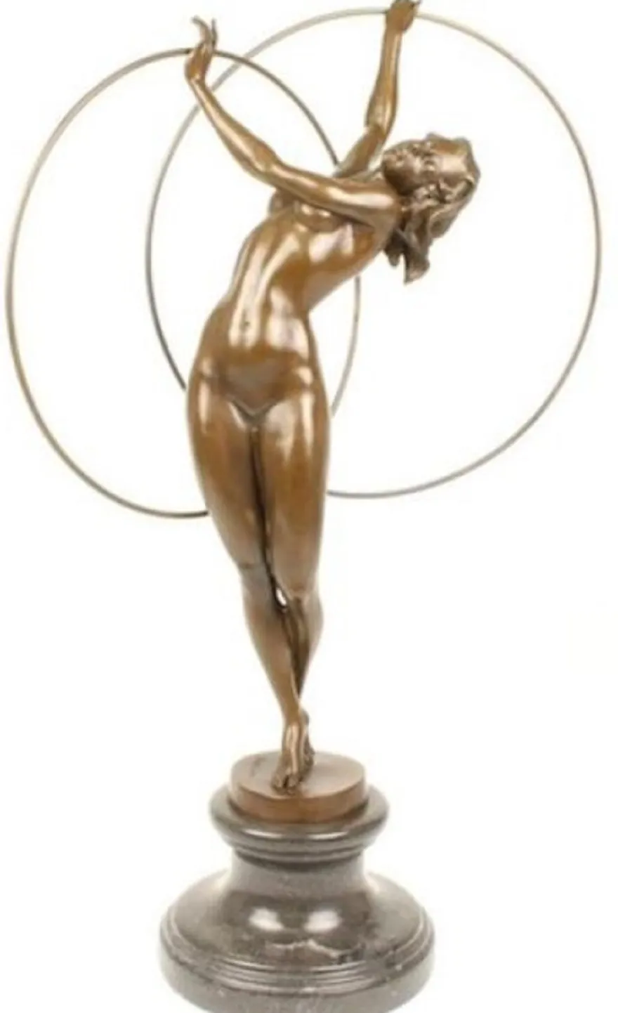Casa Padrino Luxus Bronze Figur Hula Hoop Tänzerin Bronze / Schwarz 26,5 x 19,9 x H. 69,2 cm - Deko Bronze Skulptur mit Marmorsockel - Deko Accessoires