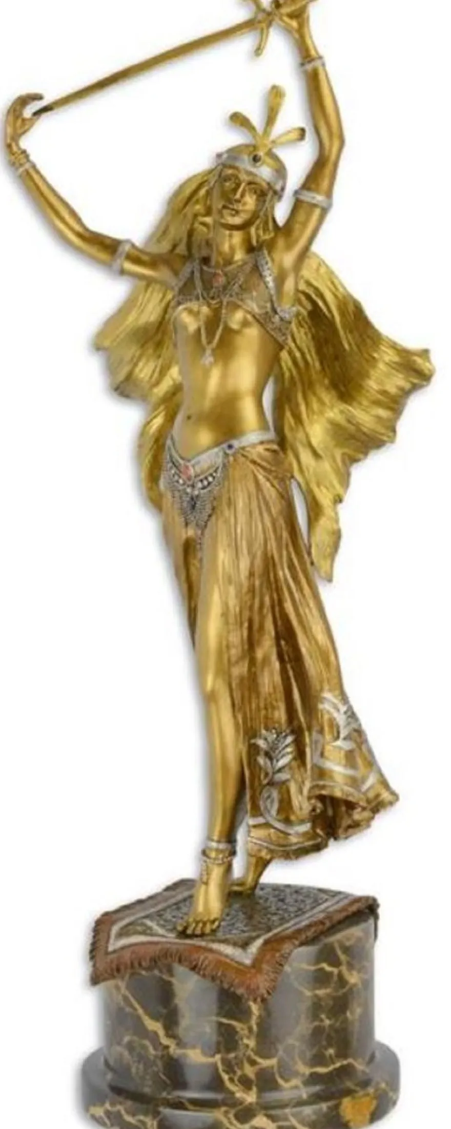 Casa Padrino Luxus Bronzefigur Schwerttänzerin Gold / Silber / Bronze / Schwarz 23,3 x 19,1 x H. 59,8 cm - Bronze Skulptur mit Marmorsockel - Deko Accessoires