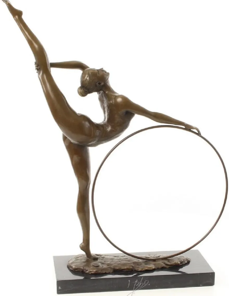 Casa Padrino Luxus Bronzefigur Hula Hoop Tänzerin Bronze / Schwarz 46,2 x 14,2 x H. 57 cm - Deko Bronze Skulptur mit Marmorsockel