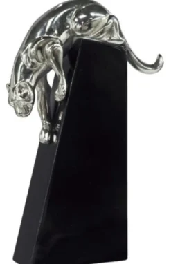 Casa Padrino Luxus Bronzefigur Panther Silber / Schwarz 17 x 6 x H. 28 cm - Elegante Dekofigur auf Holzsockel