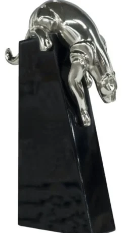 Casa Padrino Luxus Bronzefigur Panther Silber / Schwarz 17 x 6 x H. 28 cm - Elegante Dekofigur auf Holzsockel