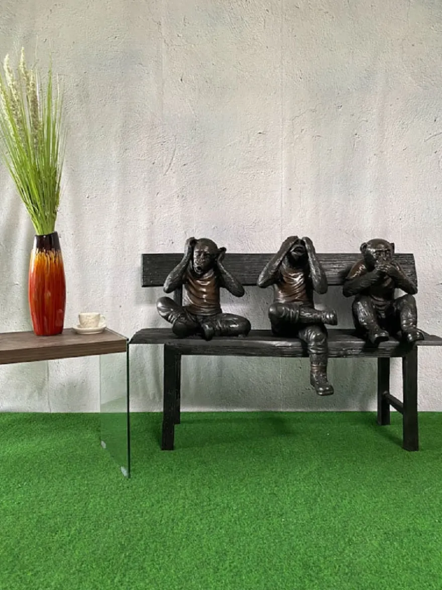 Casa Padrino Luxus Bronze Skulptur 3 Affen auf Sitzbank 112 x 46 x H. 76 cm - Wohnzimmer Deko Figur - Luxus Deko Accessoires