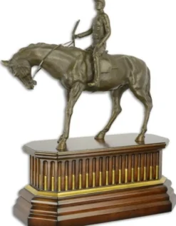Casa Padrino Luxus Bronze Skulptur Jockey mit Pferd auf Holzsockel Bronze / Braun / Gold 44 x 19,8 x H. 52,4 cm - Bronzefigur - Dekofigur - Deko Accessoires