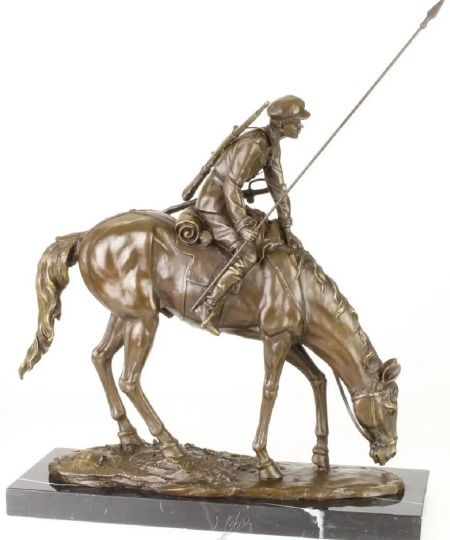 Casa Padrino Luxus Bronze Skulptur Soldat mit Pferd Bronze / Gold / Schwarz 43,9 x 15 x H. 43,2 cm - Deko Bronzefigur