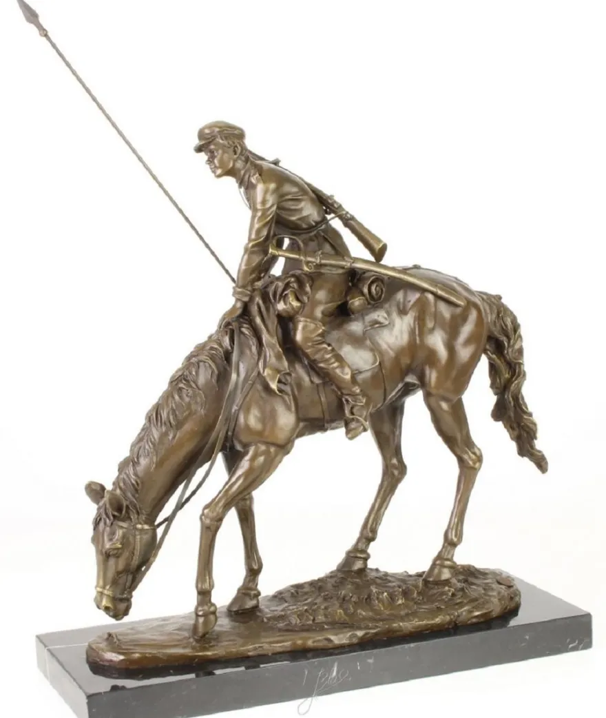 Casa Padrino Luxus Bronze Skulptur Soldat mit Pferd Bronze / Gold / Schwarz 43,9 x 15 x H. 43,2 cm - Deko Bronzefigur