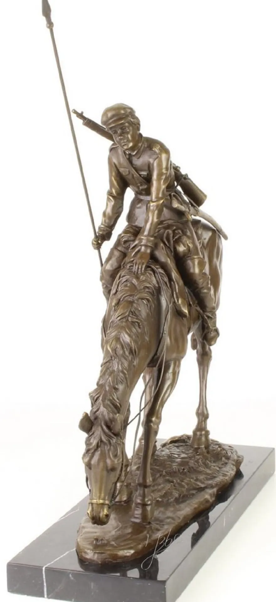 Casa Padrino Luxus Bronze Skulptur Soldat mit Pferd Bronze / Gold / Schwarz 43,9 x 15 x H. 43,2 cm - Deko Bronzefigur