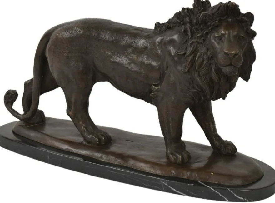 Casa Padrino Luxus Bronze Skulptur Löwe Bronzefarben / Schwarz 49 x 16 x H. 31 cm - Bronzefigur mit Marmorsockel - Dekofigur - Deko Accessoires - Luxus Kollektion