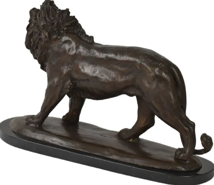 Casa Padrino Luxus Bronze Skulptur Löwe Bronzefarben / Schwarz 49 x 16 x H. 31 cm - Bronzefigur mit Marmorsockel - Dekofigur - Deko Accessoires - Luxus Kollektion