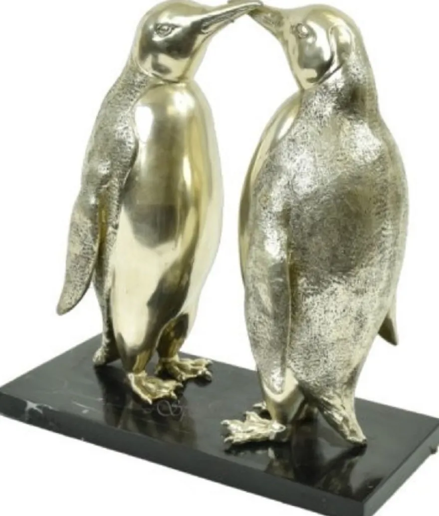 Casa Padrino Luxus Bronze Skulptur Pinguin Paar Silber / Schwarz 39 x 18 x H. 42 cm - Versilberte Bronzefiguren mit Marmorsockel
