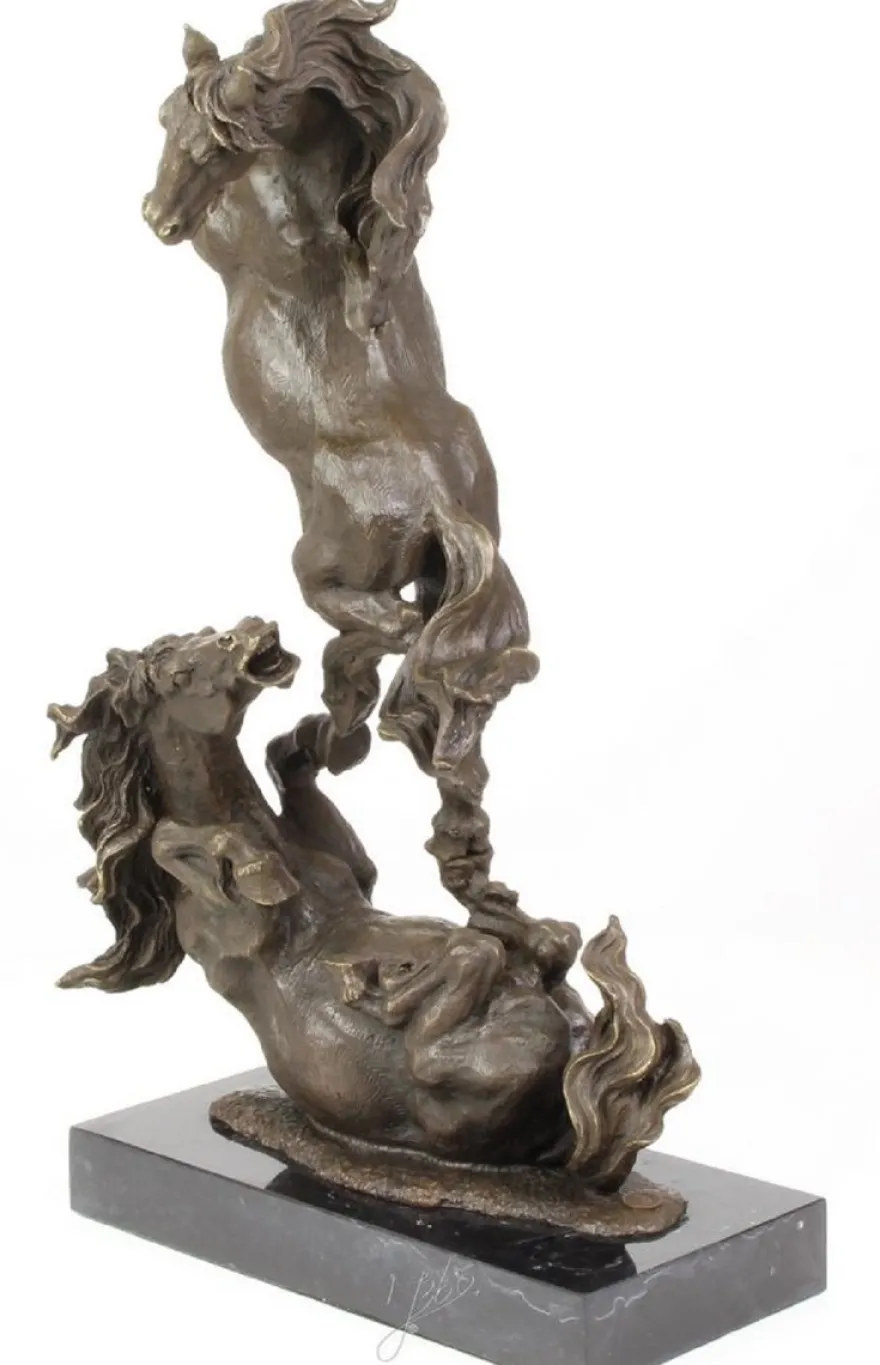 Casa Padrino Luxus Bronze Skulptur Kämpfende Pferde Bronze / Schwarz 33 x 14,3 x H. 51 cm - Deko Bronzefigur mit Marmorsockel