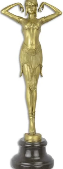 Casa Padrino Luxus Bronze Skulptur Ägyptische Tänzerin Gold / Schwarz 17,6 x 12,6 x H. 49,2 cm - Bronzefigur mit Marmorsockel - Deko Accessoires