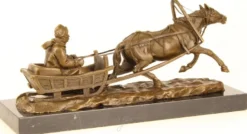 Casa Padrino Luxus Bronze Skulptur Pferd zieht Schlitten Bronze / Gold / Schwarz 42,1 x 13 x H. 19 cm - Luxus Qualität